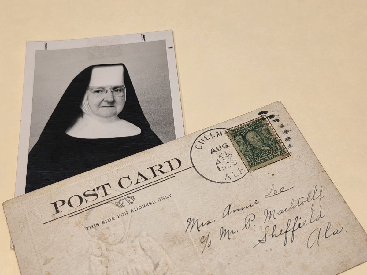 Sister Perpetua Tape's photograph with the postcard she wrote in 1908